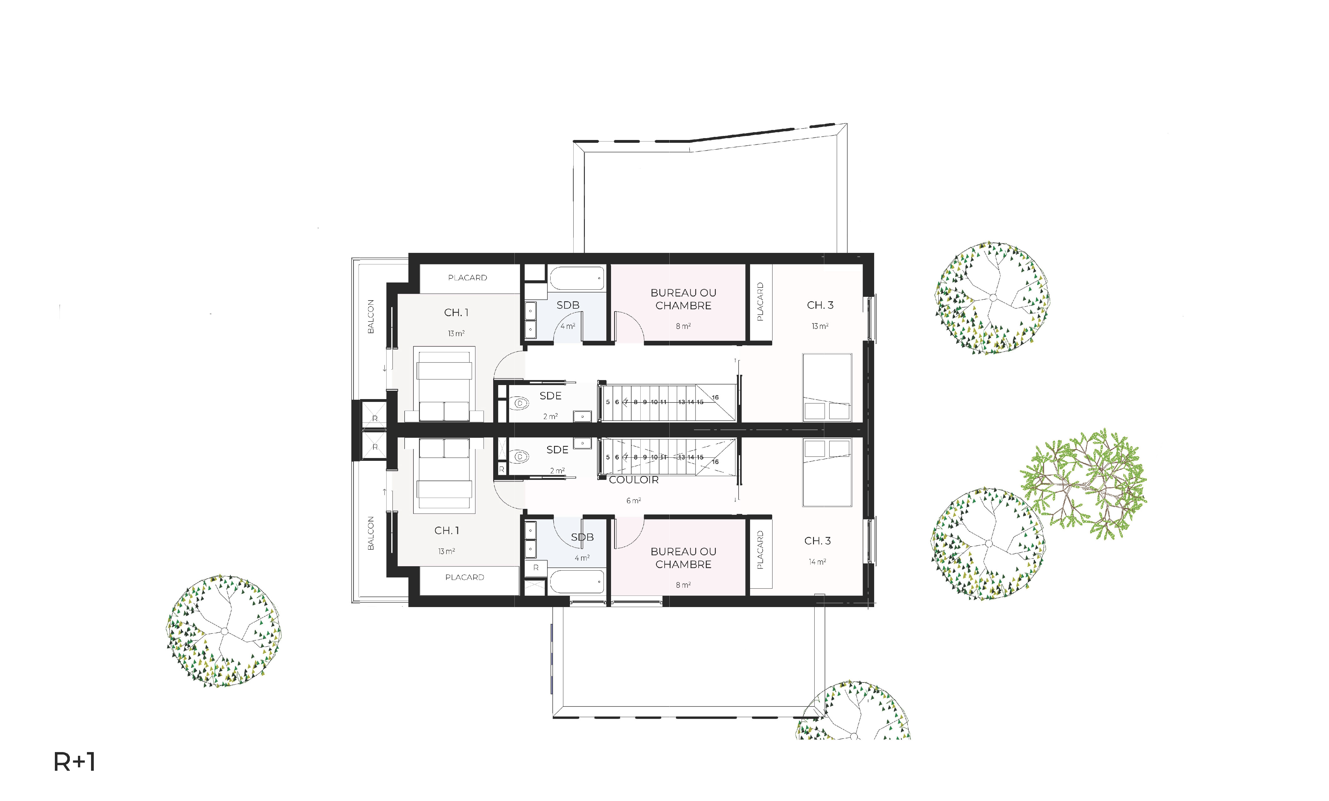 plan étage villas mitoyennes var architecte camille thomas marseille